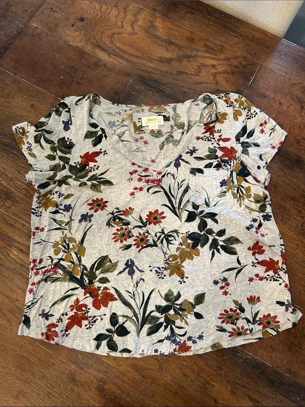 Maeve Anthropologie Heather Gray Floral V-Neck Short Sleeve Boxy Tee Sz L